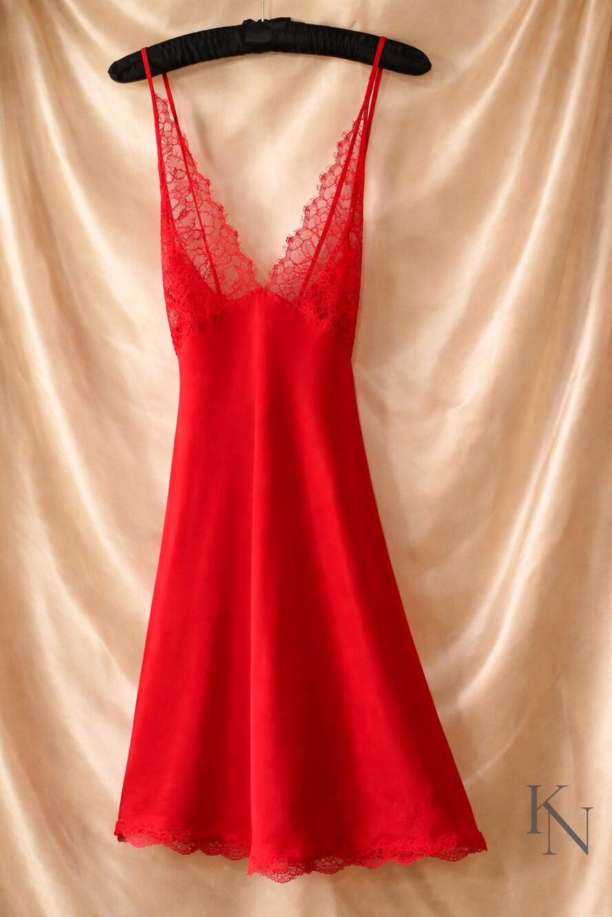 Victoria’s Secret Red Silk Slip Dress Size Large Lace Trim Chemise Bias Cut